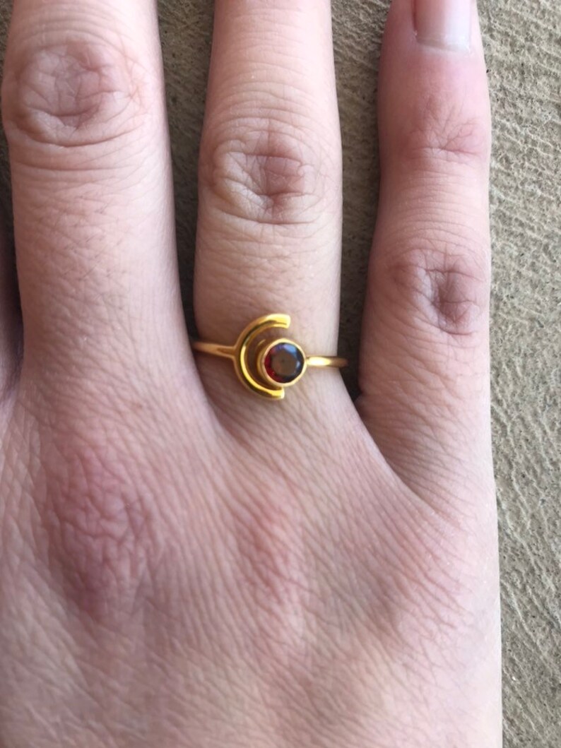 Half Moon Rose Gold Ring Minimalist Ring Sale January Birthstone Ring Garnet Ring Round Garnet Ring Open Ring Moon and Gemstone Ring