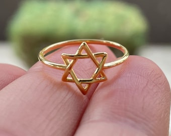 Gold Plated Star of David Ring • Magen David Ring • Jewish Jewelry • Six Wings Kabbalistic Unisex Religious • Spiritual • Minimalist