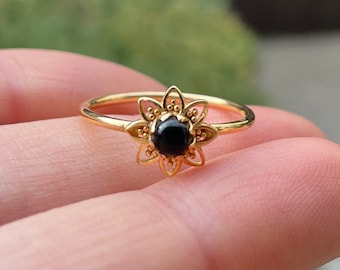 Black Onyx Gold Flower Ring • Floral • Boho • Hippie • June Birthstone • Gemstone Jewelry •  Gift for Her • Gypsy • Minimalist