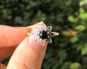 Black Onyx Flower Ring • Sterling Silver Botanical Boho Gothic Jewelry