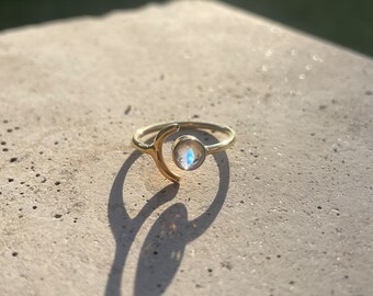 Gold Moonstone Open Moon and Star Ring • June Birthstone  • Celestial • Half Moon • Valentines Day Gift • Crescent • Dainty • Minimalist