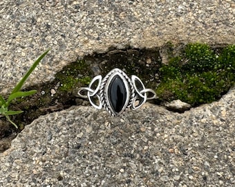 Triquetra Black Onyx Ring . Celtic . 925 silver . Marquise Stone . Trinity Knot . Promise Ring.  Stacking. Gift . Women Triangular Ring