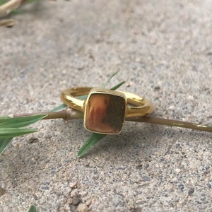 May include: Gold ring with a square, brown gemstone. The ring is on a green branch.