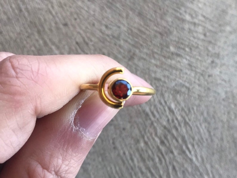 Half Moon Rose Gold Ring Minimalist Ring Sale January Birthstone Ring Garnet Ring Round Garnet Ring Open Ring Moon and Gemstone Ring