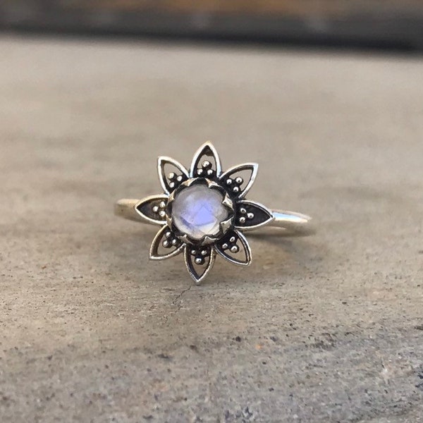Rainbow Moonstone Flower Ring • Sterling Silver Flower • Floral • Boho • Hippie • June Birthstone • Gemstone Jewelry •  Gift for Her • Gypsy