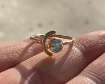 Gold Blue Topaz Open Moon and Star Ring • December Birthstone • Celestial • Half Moon • Valentines Day Gift • Crescent • Dainty • Minimalist