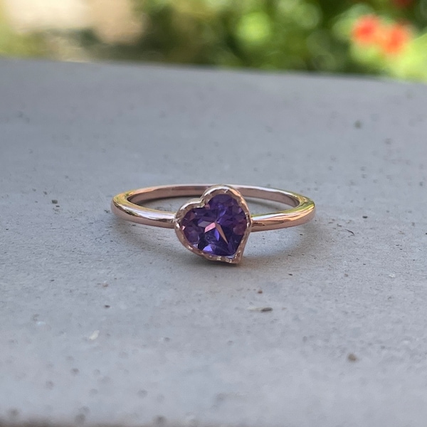 February Birthstone Ring • Amethyst Heart Ring • 14k Rose Gold Vermeil • Meaningful Promise Ring