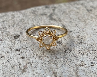 Lotus Flower Ring • Gold Plated Sterling Silver, Rainbow Moonstone Jewelry