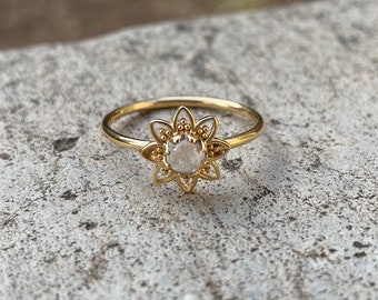 Rainbow Moonstone Gold Flower Ring • Floral • Boho • Hippie • June Birthstone • Gemstone Jewelry •  Gift for Her • Gypsy • Mothers Day