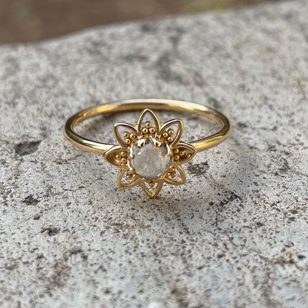 Rainbow Moonstone Gold Flower Ring • Floral • Boho • Hippie • June Birthstone • Gemstone Jewelry •  Gift for Her • Gypsy • Mothers Day