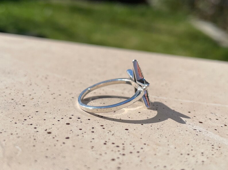 May include: A silver-colored ring with a star-shaped design. The star has a black center and pink and silver-colored points. The ring is set against a neutral background with a blurred green backdrop.