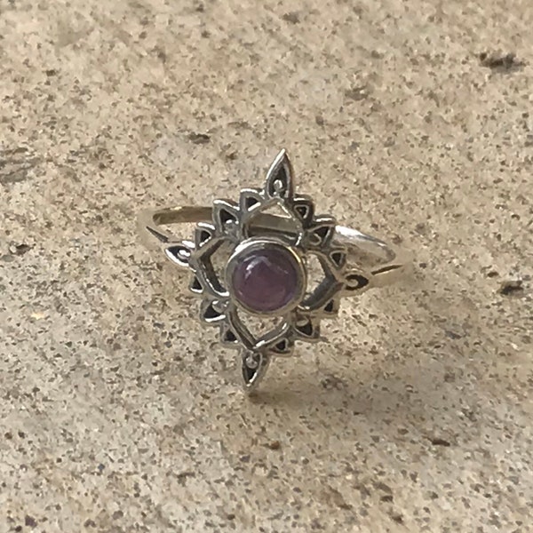 Silver Mandala Ring • Mandala Ring with Gemstone • Gypsy Nomad Ring • Boho Ring • Ring with Blue Topaz • Amethyst Silver Ring • Gemstone