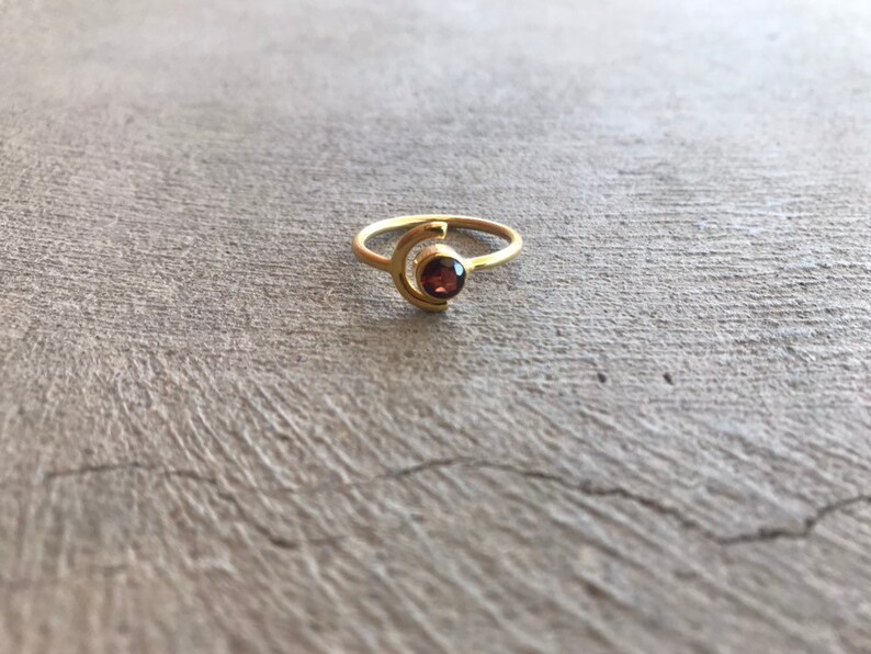 Half Moon Rose Gold Ring Minimalist Ring Sale January Birthstone Ring Garnet Ring Round Garnet Ring Open Ring Moon and Gemstone Ring