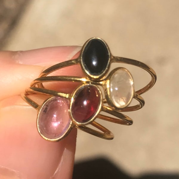 Gold Plated Gemstone Stacking Ring •  Birthstone •  Black Onyx Ring • Gold Garnet Ring •  Gold Moonstone • Tiny • Dainty Ring • Stacking