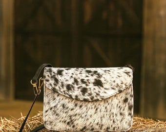 Cowhide and Leather Crossbody Purse with Adjustable Strap