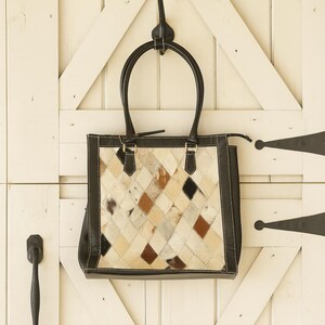 Cowhide Patch and Leather Shoulder Tote Bag