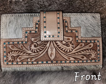 Tooled and Stamped Natural Cowhide and Leather Wallet