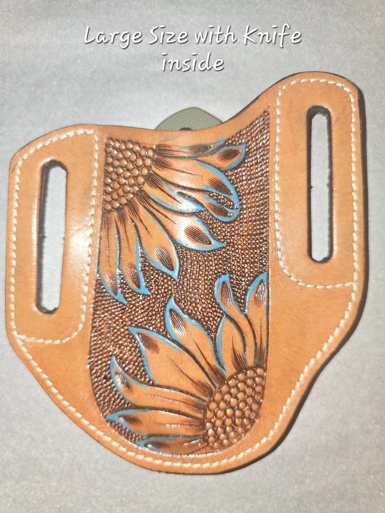 Funda de cuchillo de cinturón de cuero repujado artesanal: funda duradera de estilo occidental para entusiastas de las actividades al aire libre. imagen 9