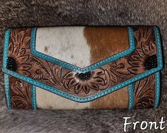 Tooled Natural Cowhide and Leather Wallet Sunflower Personalize by Branding