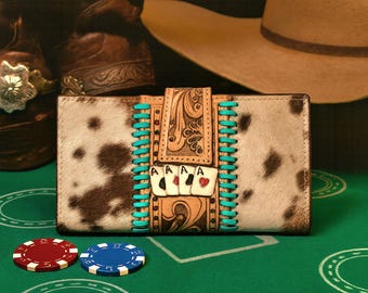 Personalized Cowhide & Leather Aces Wallet | Turquoise Accents | Casino-Inspired Accessory