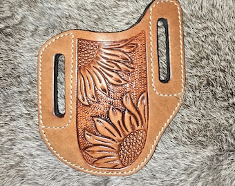 Handcrafted Leather Tooled Belt Knife Sheath: Durable Western-style Holster - Sunflower Tan