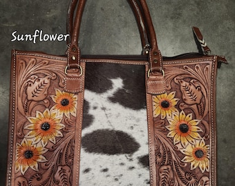 Tooled Leather and Cowhide Large Tote