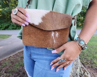 Cowhide and Leather Crossbody Purse with Adjustable Strap, Custom Branding Available
