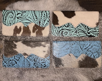Turquoise and Blue Cowhide & Leather Checkbook Cover Wallet
