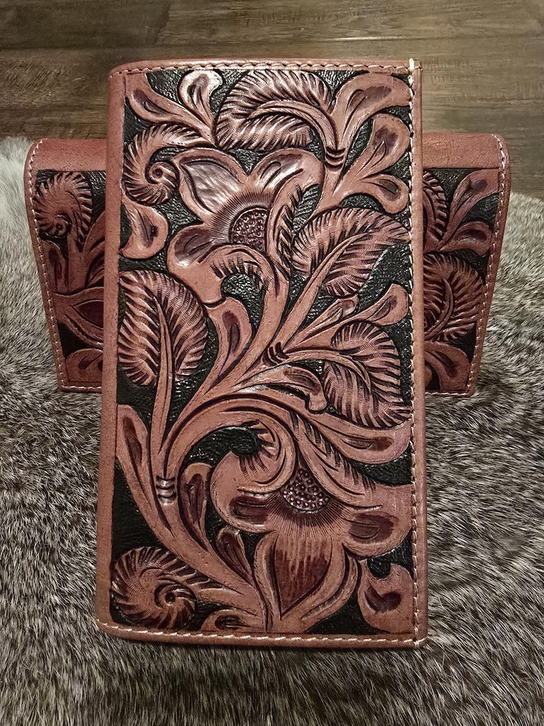 Genuine Leather Rodeo Wallet: Medium Size, Western Style Tooled - Etsy