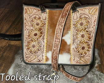 Tooled Leather and Cowhide Large Tote