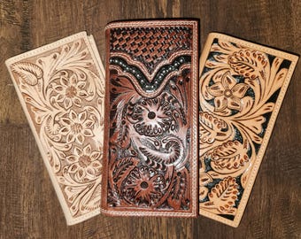 Genuine Leather Cowboy Wallet For Men – Bifold Long Wallet With RFID Blocking, 13 Card Slots, Tooled Laser Design
