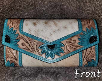 Tooled and Stamped Natural Cowhide and Leather Wallet, Sunflower