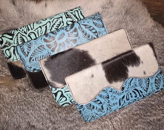 Turquoise and Blue Cowhide & Leather Checkbook Cover Wallet