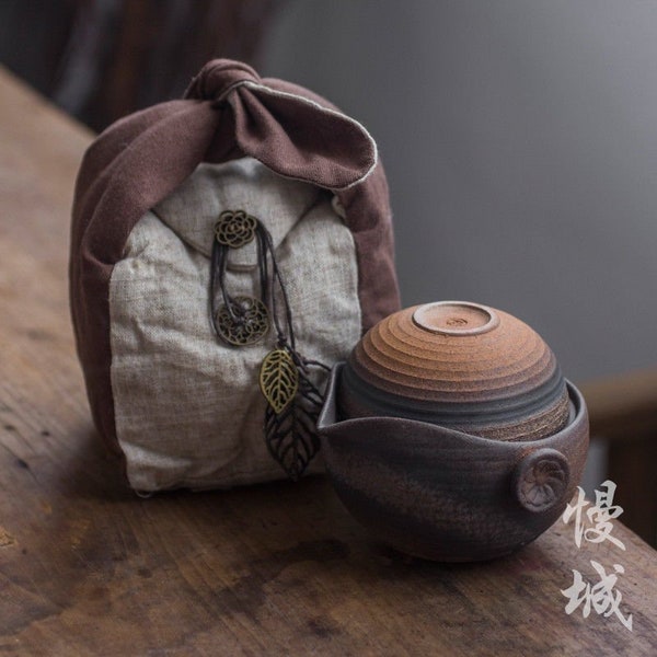Ceramic Travel Gongfu Tea Set Teapot In Cotton Bag
