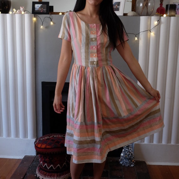 Vintage 50s Cotton Pastel Pink and Brown Dress - … - image 2