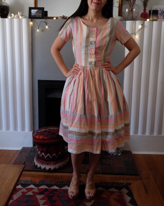 Vintage 50s Cotton Pastel Pink and Brown Dress - … - image 6