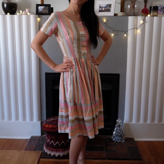 Vintage 50s Cotton Pastel Pink and Brown Dress - … - image 3