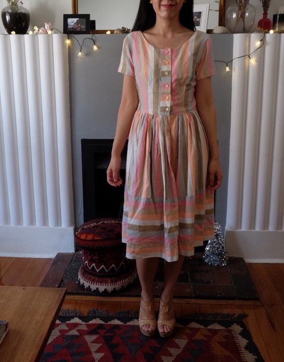 Vintage 50s Cotton Pastel Pink and Brown Dress - … - image 1