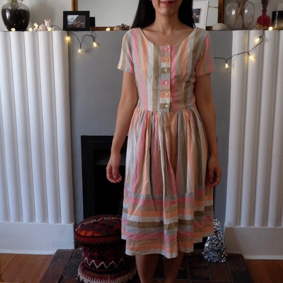Vintage 50s Cotton Pastel Pink and Brown Dress - … - image 5