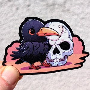 Süßer Krähe und Schädel Halloween wasserdichter Vinyl Aufkleber Laptop Aufkleber, gruselig süßer Rabe Dekor für Handys Wasserflaschen und Planer