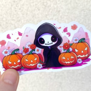 Niedlicher Halloween Halloween Vinyl Aufkleber, Halloween Halloween Aufkleber, Floral botanische Kürbisskelett Laptop Aufkleber für Herbst- oder Herbstwasserflaschen Planer