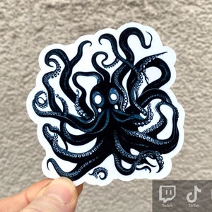 Gekke octopus waterdichte vinyl laptopsticker, zwart-witte zeedieren, octopus cadeau sticker, grappige nautilus koppotigen oceaansoorten