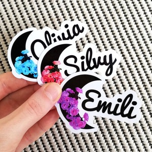 Custom Crescent Moon Name name sticker, floral waterproof vinyl sticker, laptop decal custom Halloween witch gift