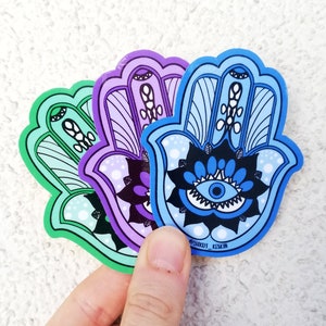 Autocollant Hamsa en vinyle imperméable pour ordinateur portable, lotus bleu mauvais œil