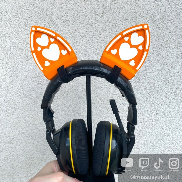 Heart Fox Ears for Headsets and Headphones, Synthwave gamer fox Ears attachment, Egirl Cosplay Gaming Accessories, Cute Kawaii Streamer Prop