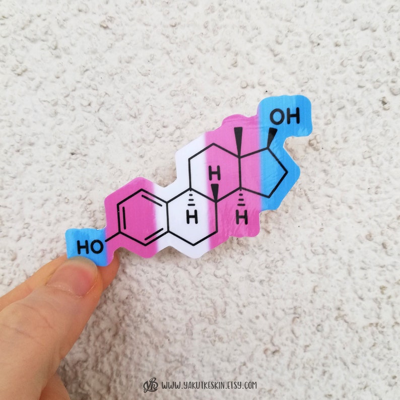 May include: A sticker of a chemical structure with a pink, white and blue colour scheme. The chemical structure is labelled with "HO" and "OH".