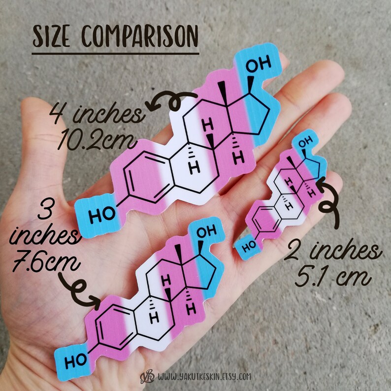 May include: Three different sizes of transgender pride flag stickers featuring a chemical structure. The stickers are 4 inches (10.2 cm), 3 inches (7.6 cm), and 2 inches (5.1 cm) in size.