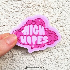 Puede incluir: Pegatina rosa en forma de nube con el texto "HIGH HOPES" en letras rosa y blancas. La nube tiene estrellas blancas.