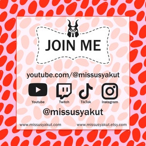Puede incluir: Un fondo de lunares rosa y rojo con una pancarta blanca que dice "JOIN ME" en texto negro. La pancarta tiene una ilustraci&oacute;n en blanco y negro de una criatura con cuernos. Debajo de la pancarta est&aacute; el texto "youtube.com/@missusyakut". Debajo de eso hay iconos para Youtube, Twitch, TikTok e Instagram. El texto "@missusyakut" est&aacute; debajo de los iconos. El texto "www.missusyakut.com" est&aacute; en la esquina inferior izquierda y el texto "www.missusyakut.etsy.com" est&aacute; en la esquina inferior derecha.