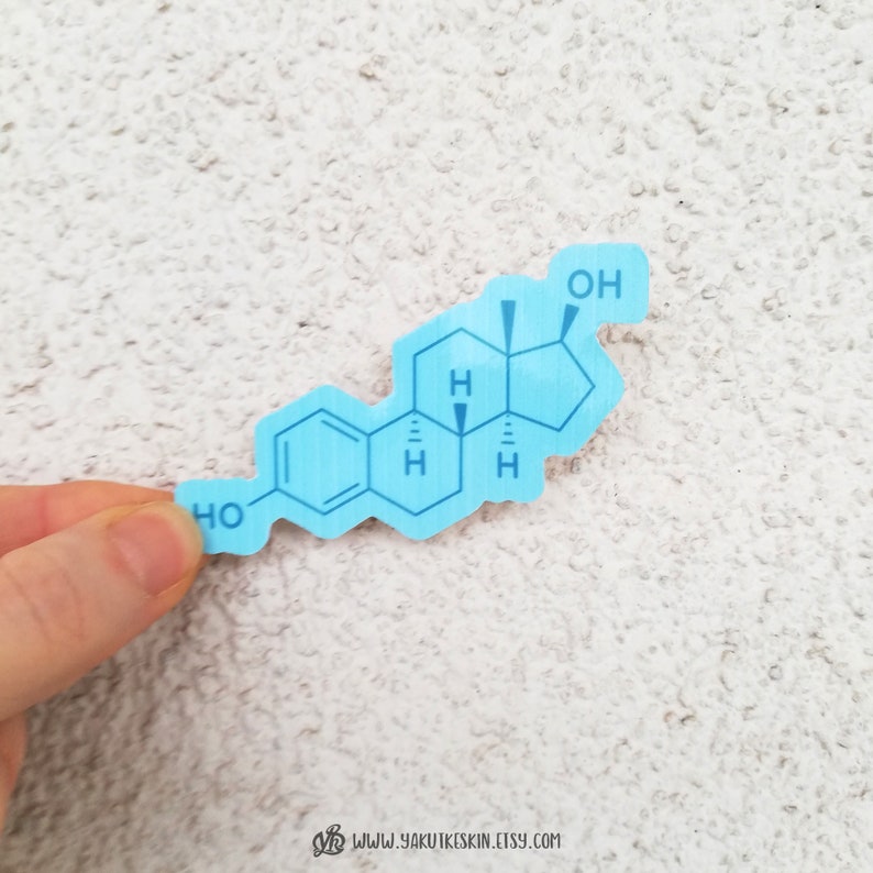 May include: A blue sticker featuring a chemical structure diagram of a molecule. The molecule is labelled with the letters "H" and "OH".